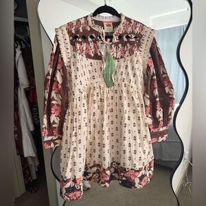 FARM Rio NWT Ainika Maxi Floral Cream Open Yoke Mini Dress